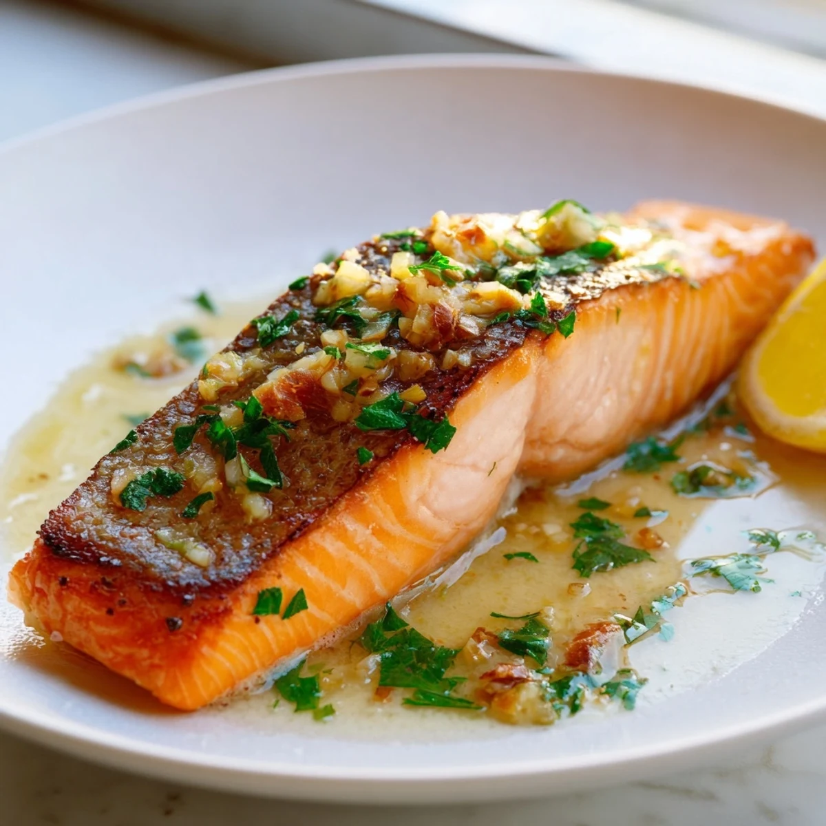 Crispy-skinned garlic butter salmon drizzled with melted butter and fresh parsley