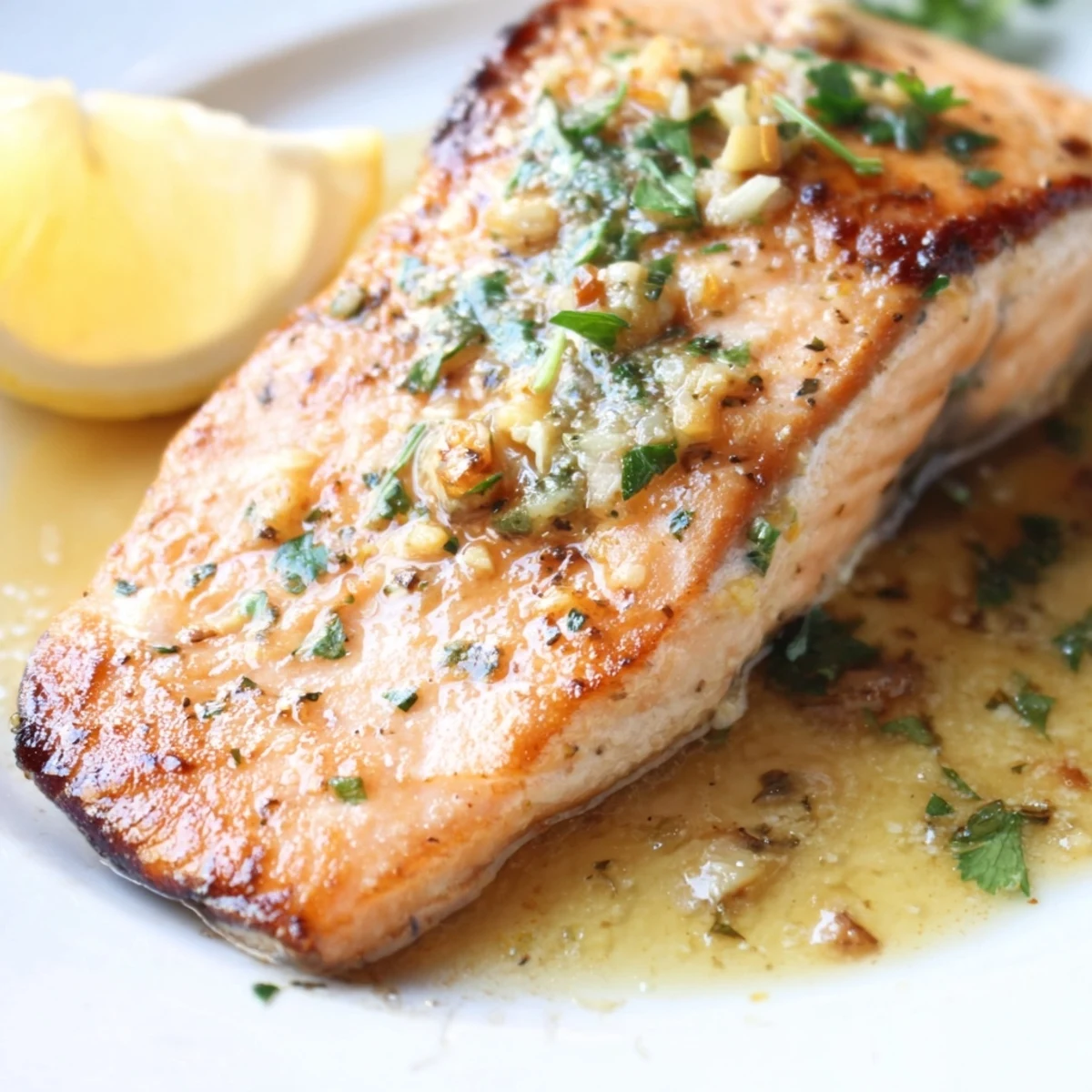 Tender garlic butter salmon nestled in a rich, aromatic skillet sauce with lemon wedges