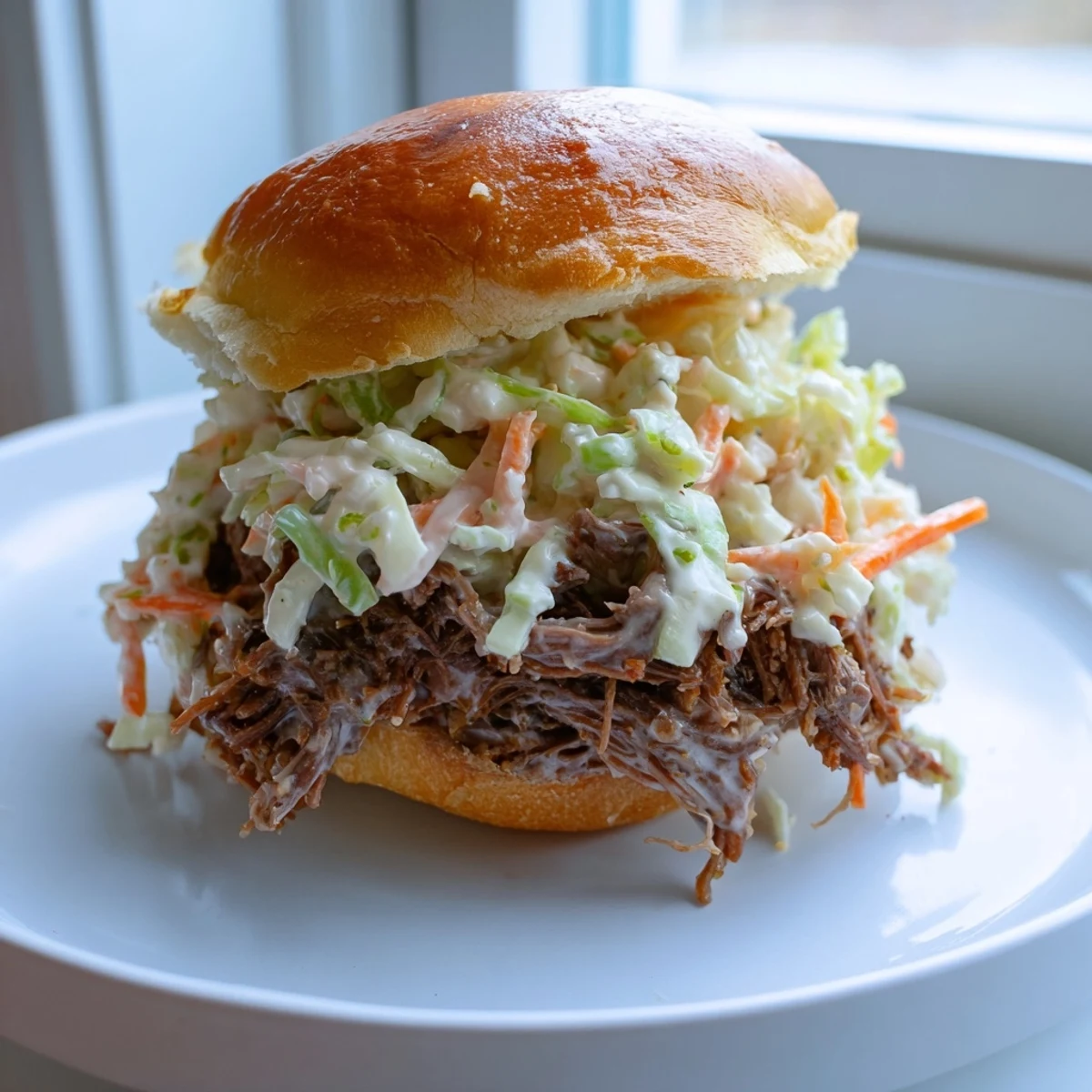 Tangy Alabama white sauce pulled lamb sliders garnished with crisp cabbage carrot slaw ready to serve