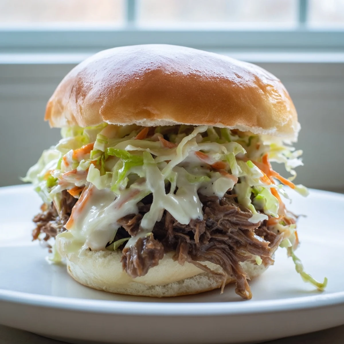 Juicy Alabama white sauce pulled lamb sliders piled high with creamy crunchy slaw on toasted buns