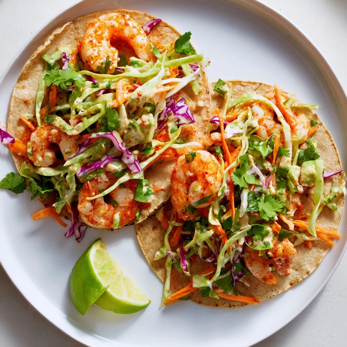 Golden spicy shrimp tacos piled high with crisp purple and green cilantro lime slaw
