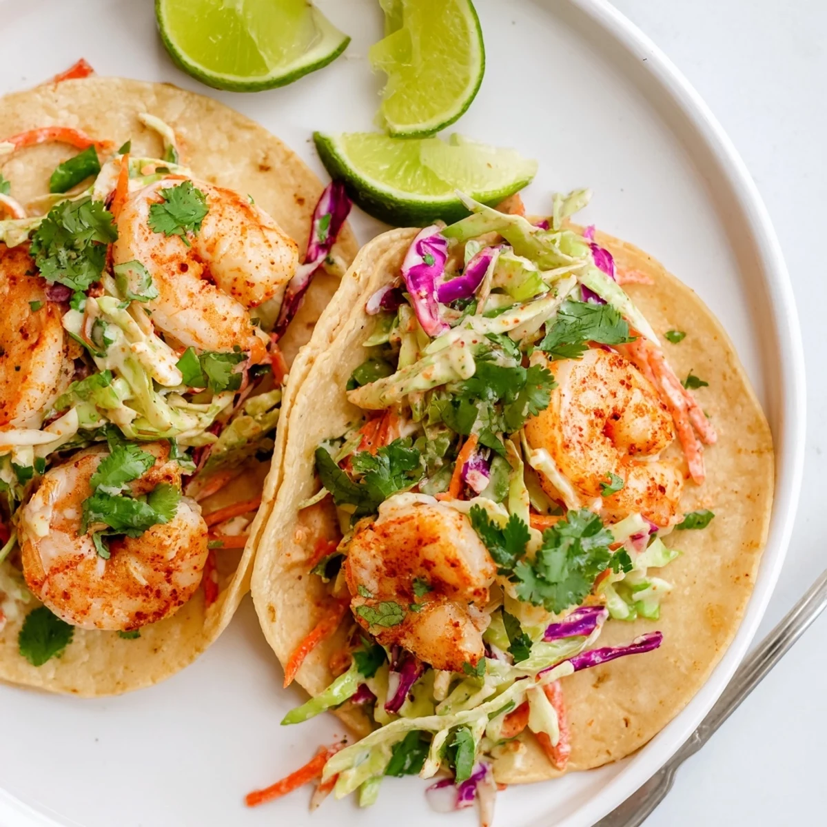 Warm tortillas filled with smoky spiced shrimp and tangy garlic cilantro lime slaw