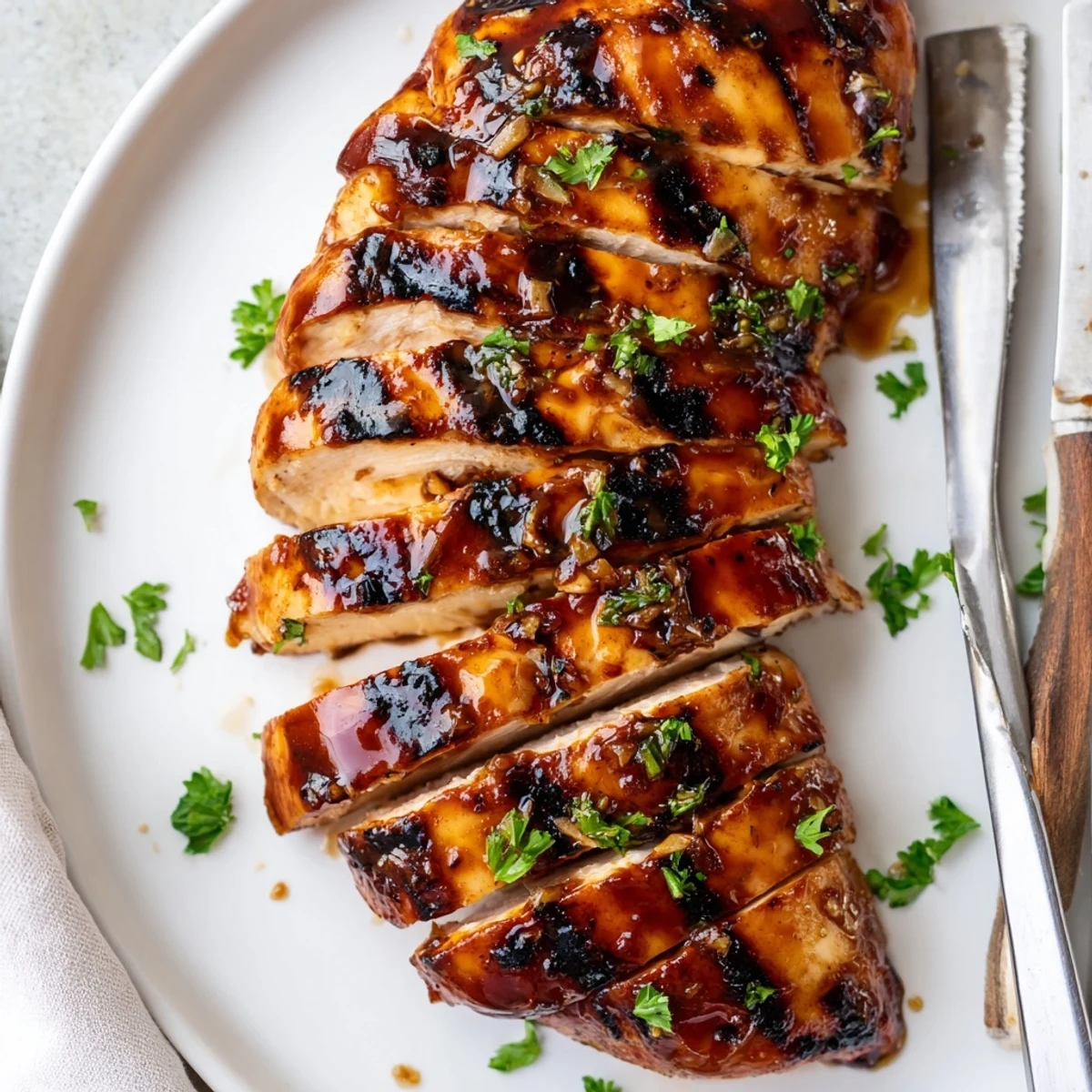 Grilled Coca Cola glazed chicken breast with sticky, caramelized edges on a smoky grill