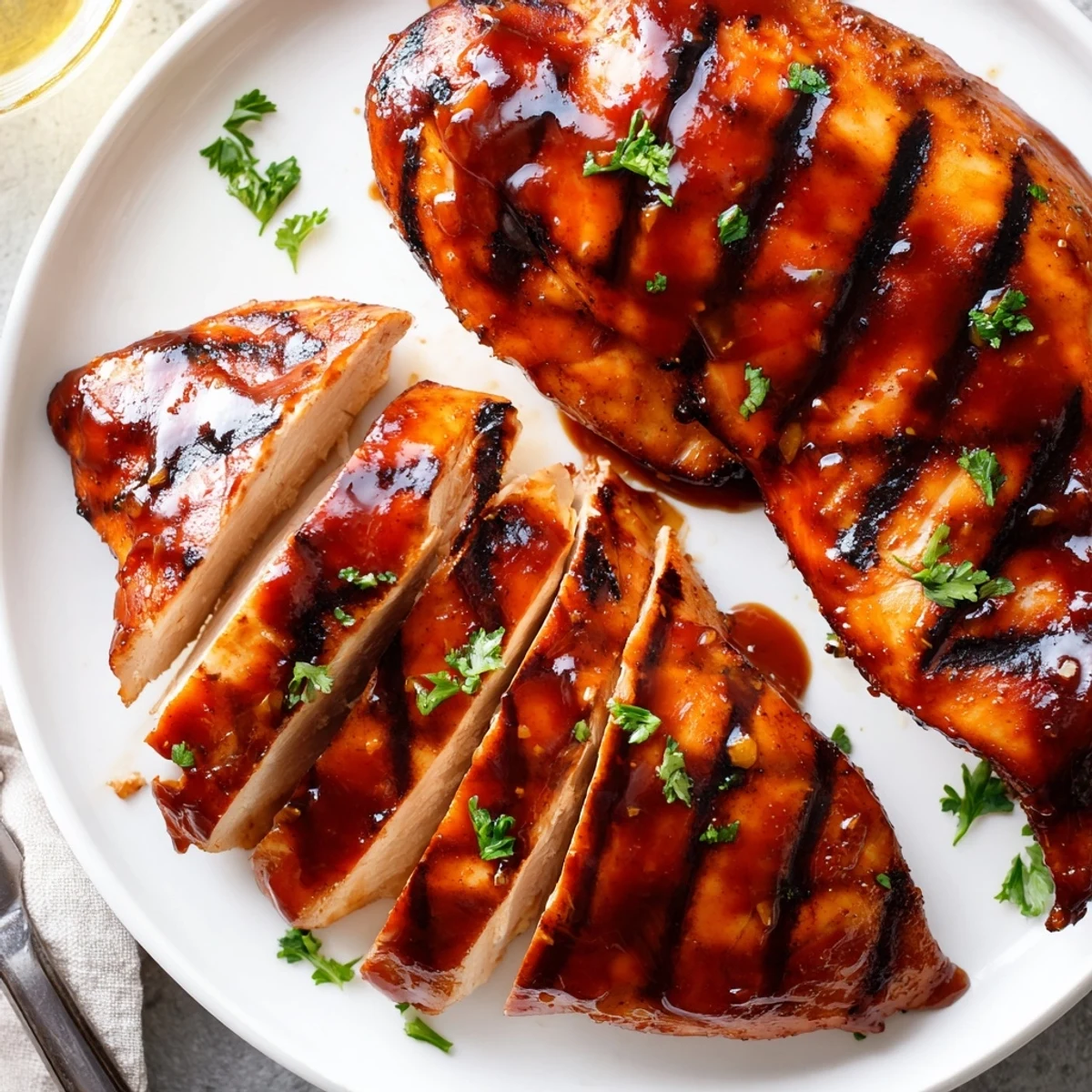 Juicy Grilled Coca Cola glazed chicken breast resting on a platter with fresh parsley