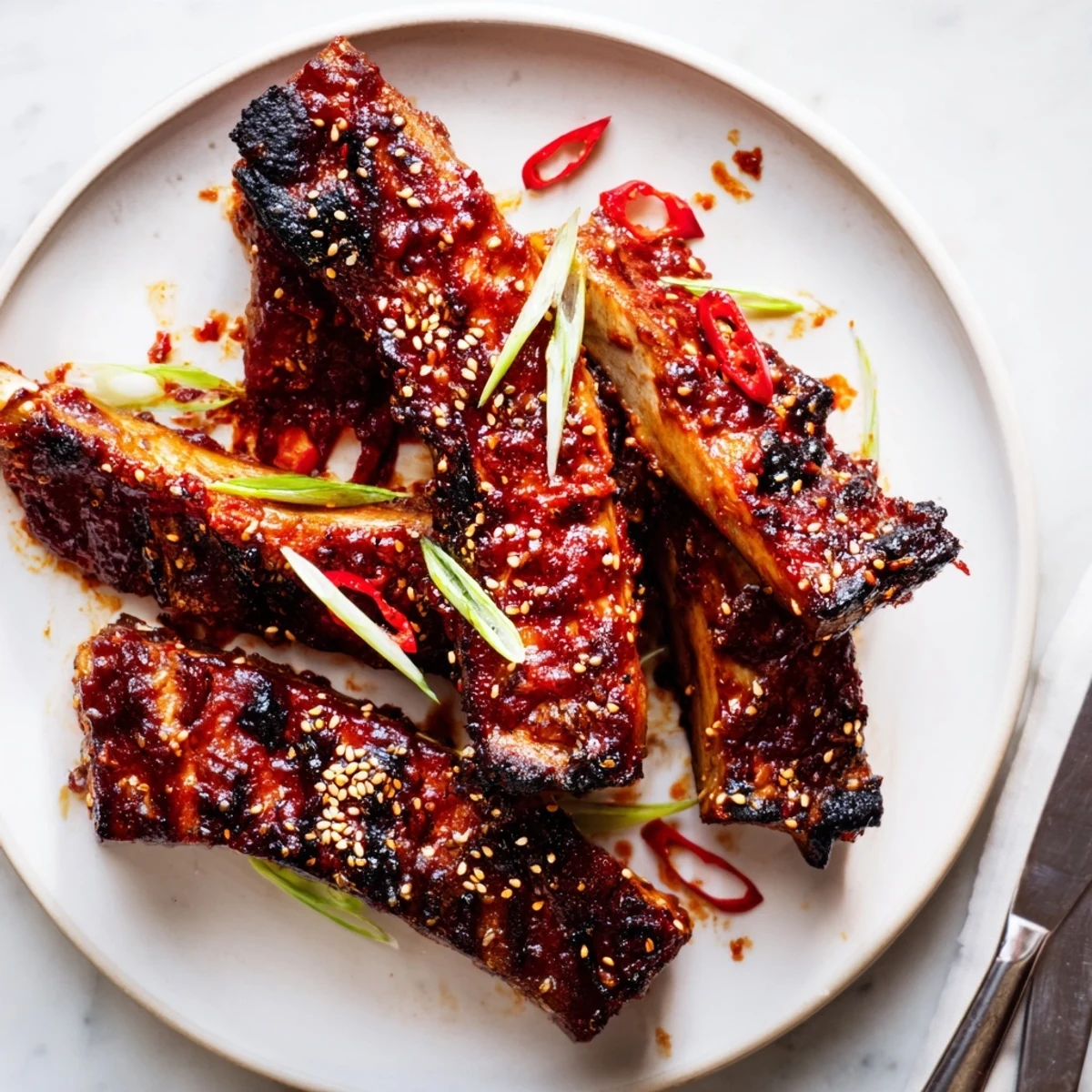 Glazed Korean BBQ lamb ribs with yuzu citrus, sliced scallions, and a sticky charred finish