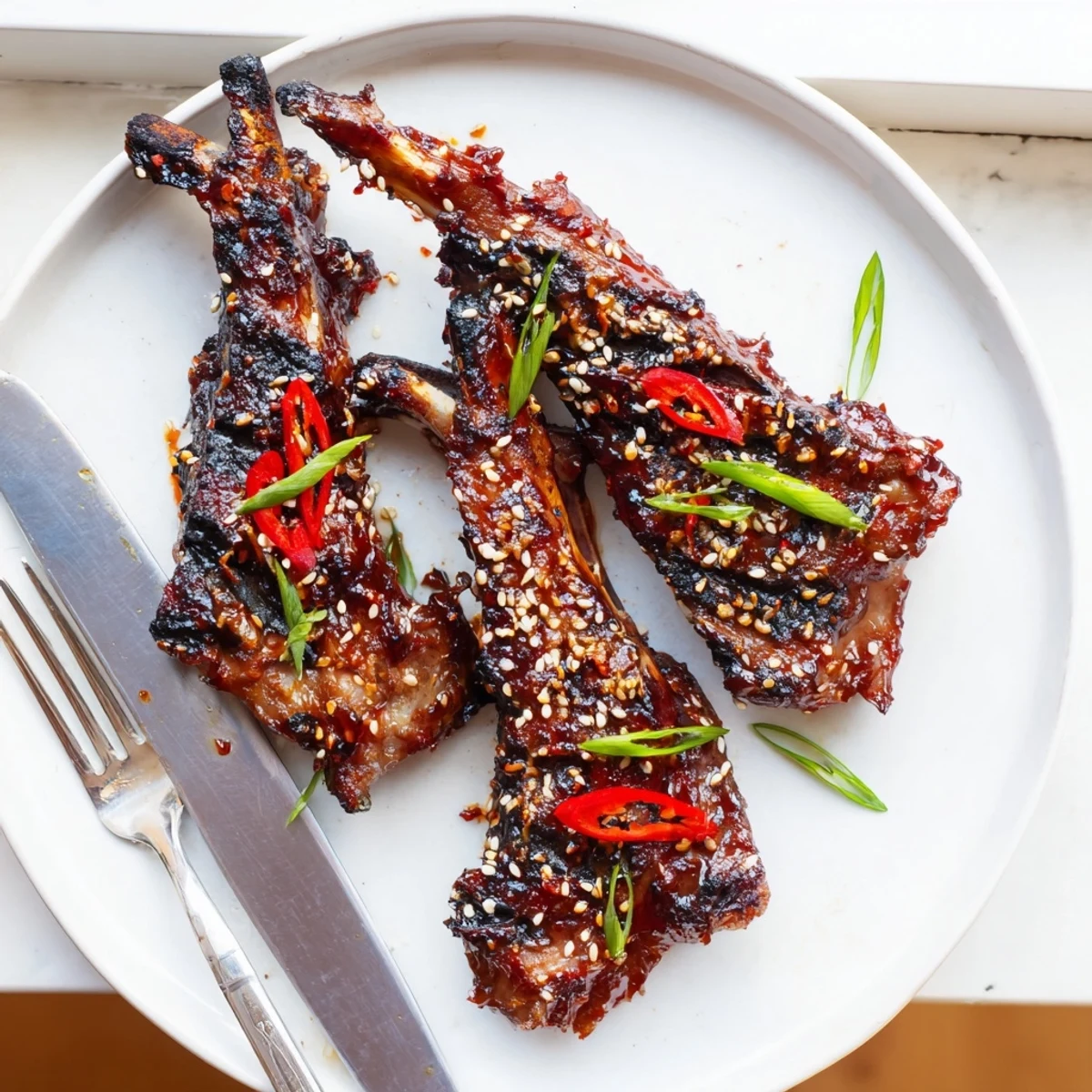 Caramelized Korean BBQ lamb ribs glistening with a tangy yuzu squeeze and sesame garnish