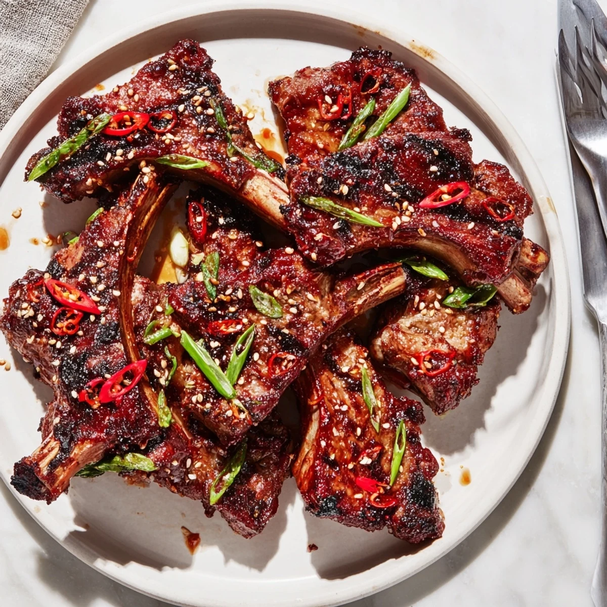 Tender Korean BBQ lamb ribs dripping with sweet glaze and bright yuzu over steamed rice