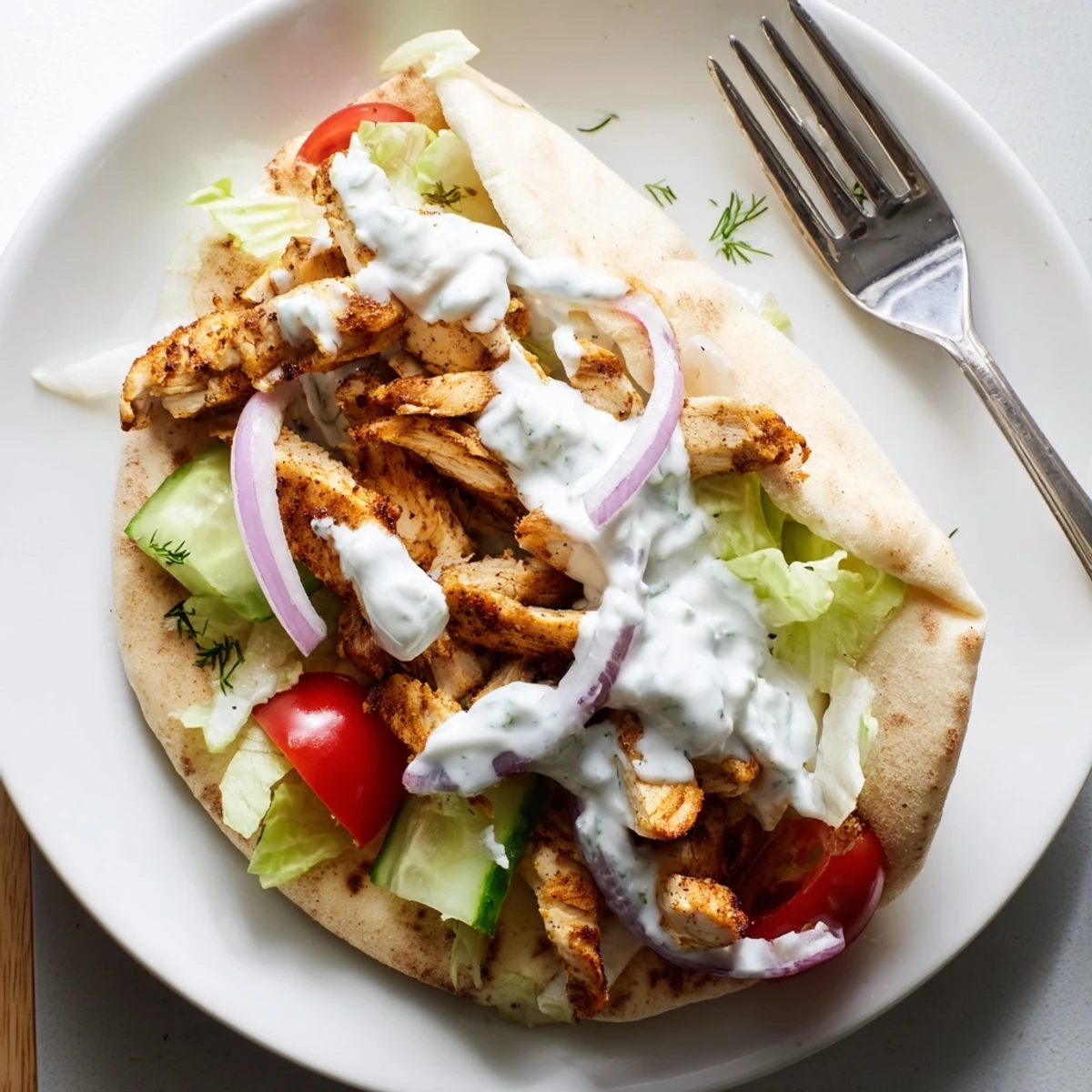 Warm flavor packed chicken pitas with fresh veggies and creamy yogurt sauce