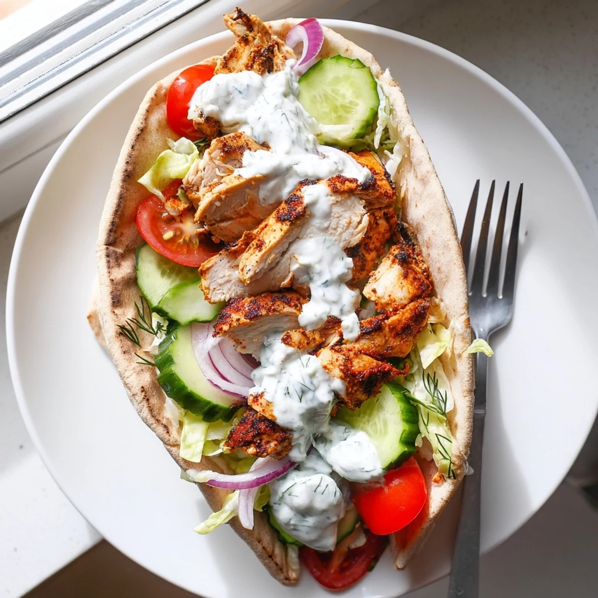 Juicy spice rubbed chicken tucked into soft pita with crisp cucumber and tomato