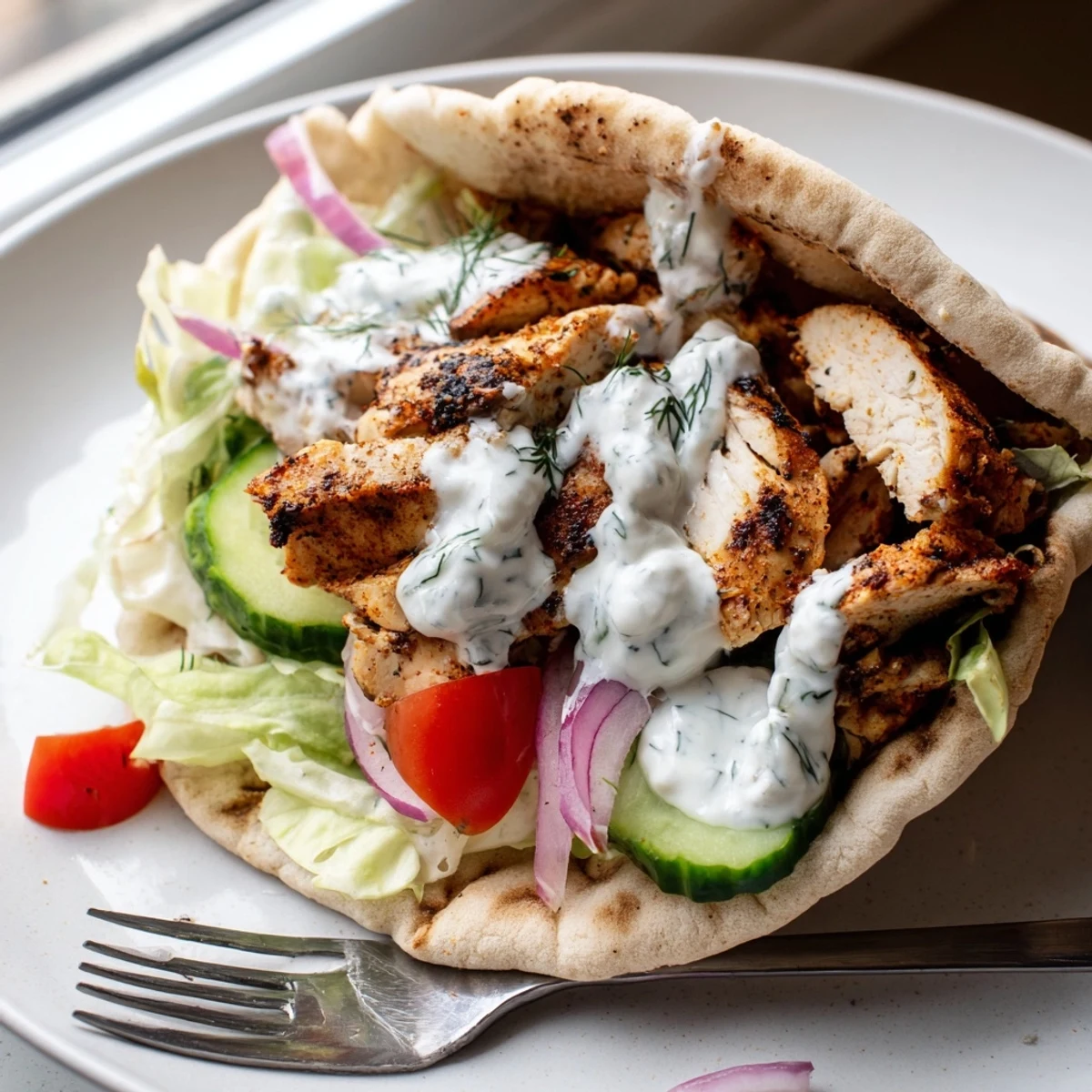 Flavor packed chicken pitas drizzled with tangy dill yogurt sauce on rustic plate