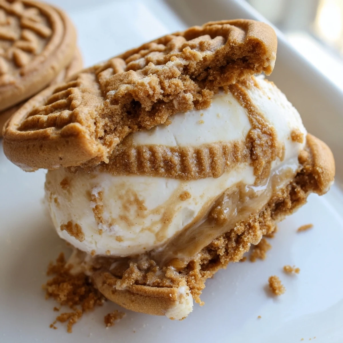 Creamy Biscoff ice cream sandwiches with spiced cookie edges on a rustic board