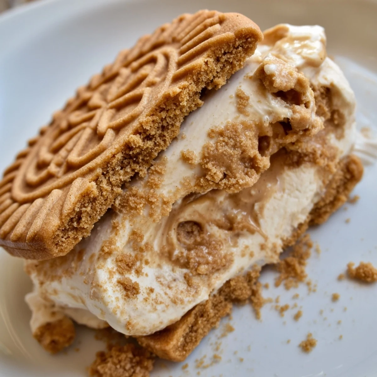 Golden Biscoff cookies sandwiching swirled caramel ice cream dusted with cookie crumbs