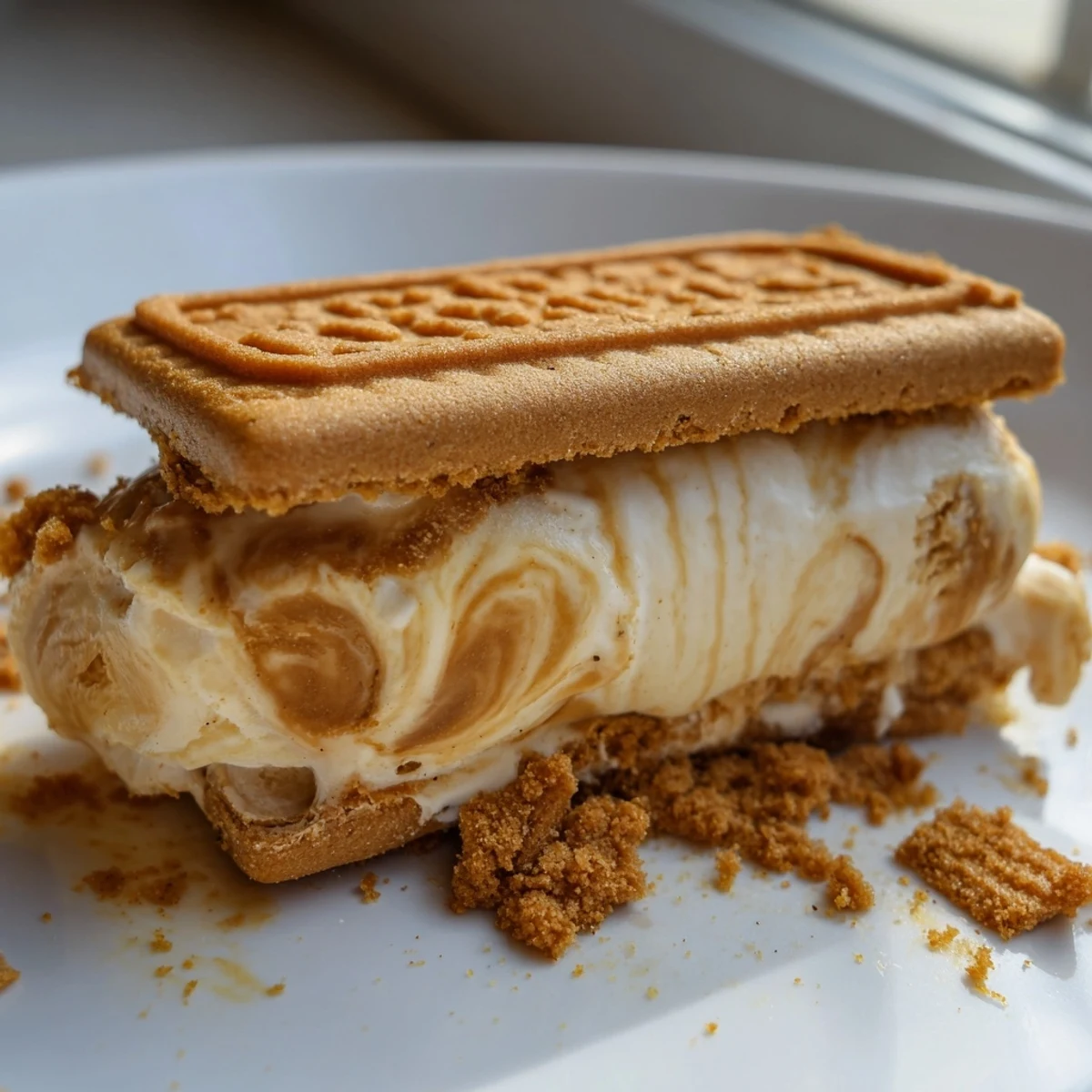 Homemade Biscoff ice cream sandwiches drizzled with melted chocolate on a summer plate