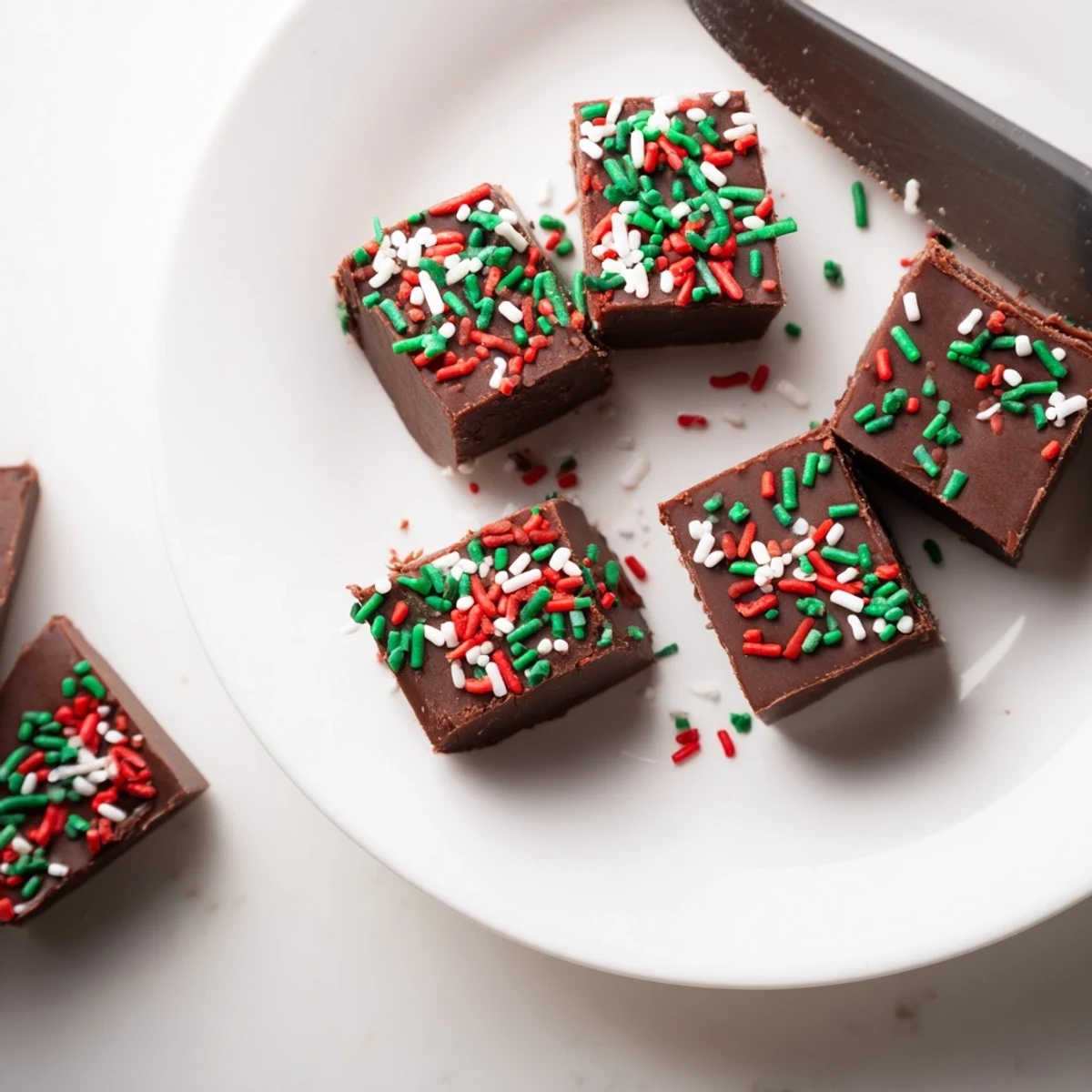 Rich chocolate Christmas fudge with sprinkles glistening under soft holiday kitchen lighting