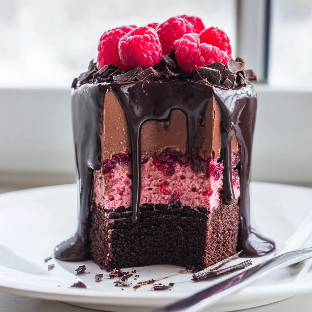 Heavenly Raspberry Chocolate Mousse Cake with glossy ganache dripping over fresh berries