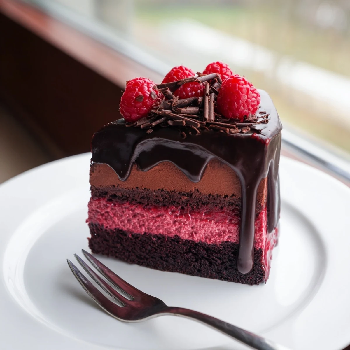 Silky chocolate mousse and vibrant raspberry layer atop a rich Heavenly Raspberry Chocolate Mousse Cake