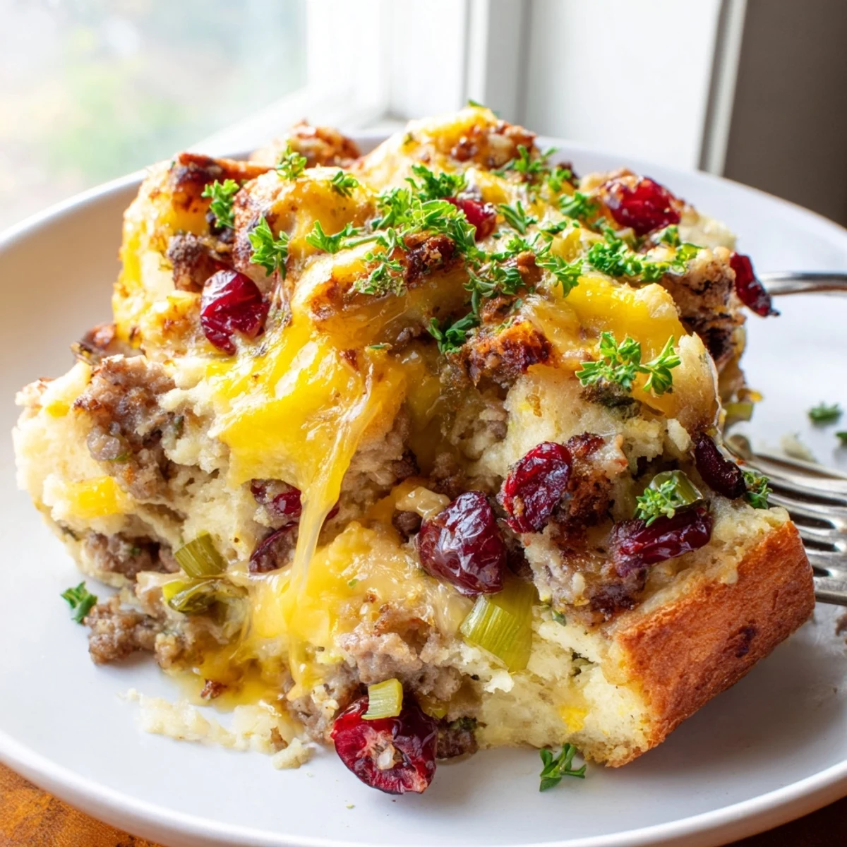 Golden baked Cranberry Sausage Stuffing Breakfast Casserole with melted cheddar and fresh herbs