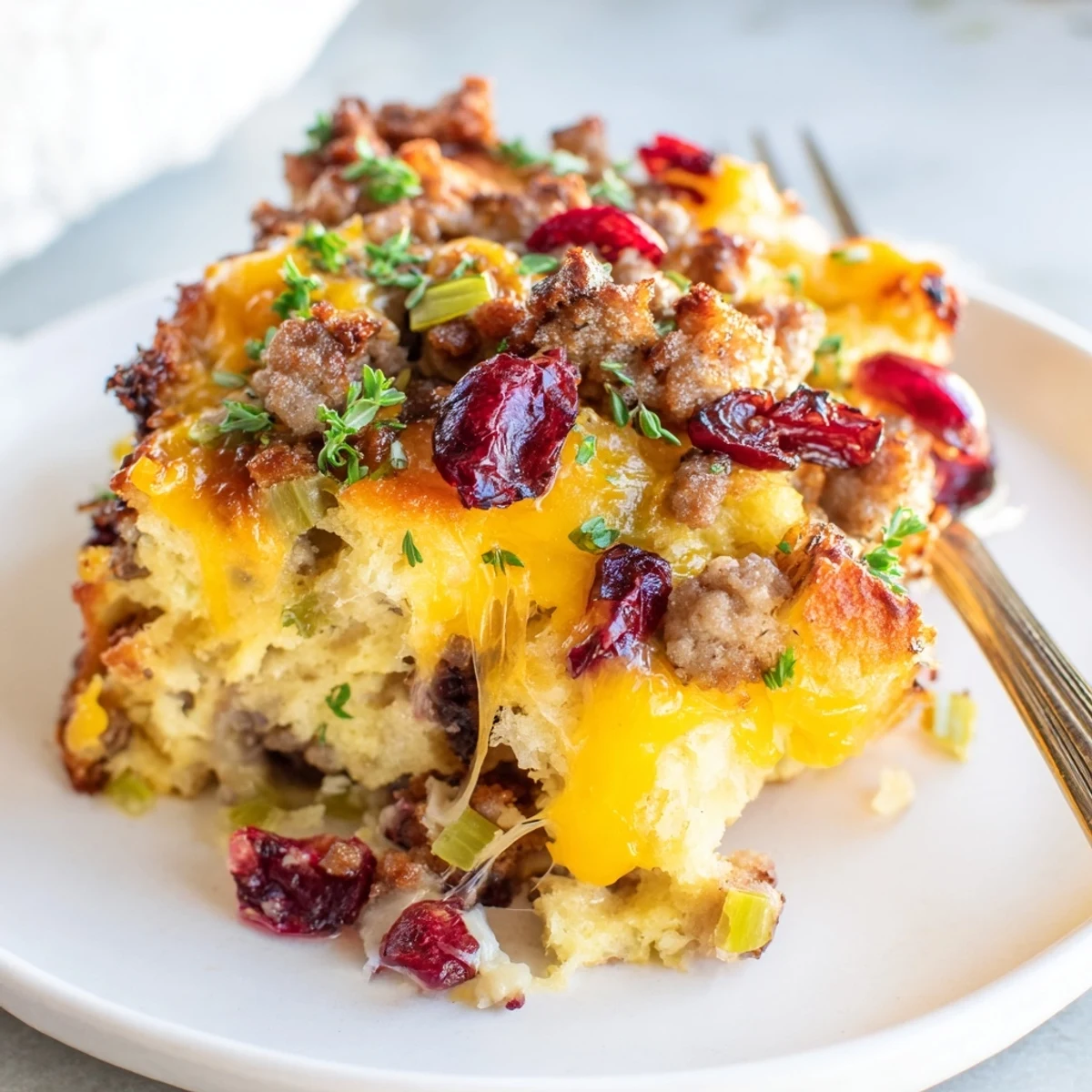 Creamy Cranberry Sausage Stuffing Breakfast Casserole scooped onto a festive brunch plate with parsley
