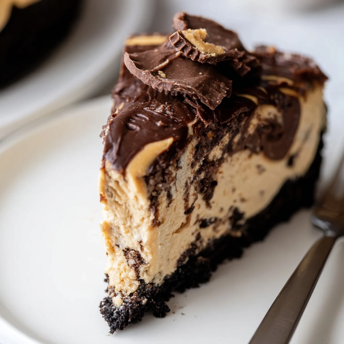 Creamy chocolate peanut butter cheesecake sliced tall with a glossy dark ganache topping