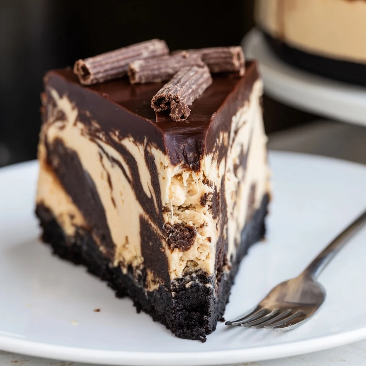 Decadent chocolate peanut butter cheesecake drizzled with warm peanut butter ganache on a dessert plate