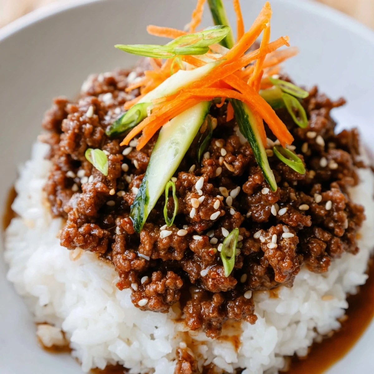 Glossy Korean ground beef bowl glistening with savory sauce over fluffy white rice