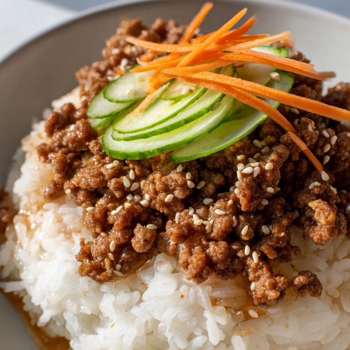 Korean ground beef bowl topped with crisp cucumber, shredded carrot, and sesame seeds