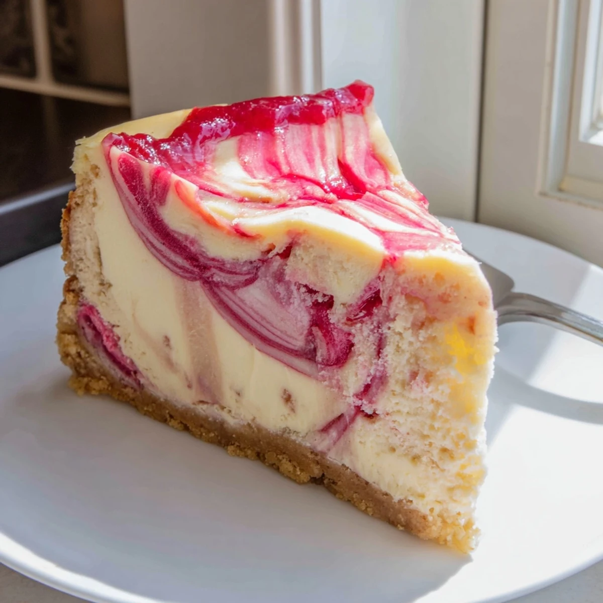 Creamy keto rhubarb cheesecake slice with vibrant pink swirl on almond crust