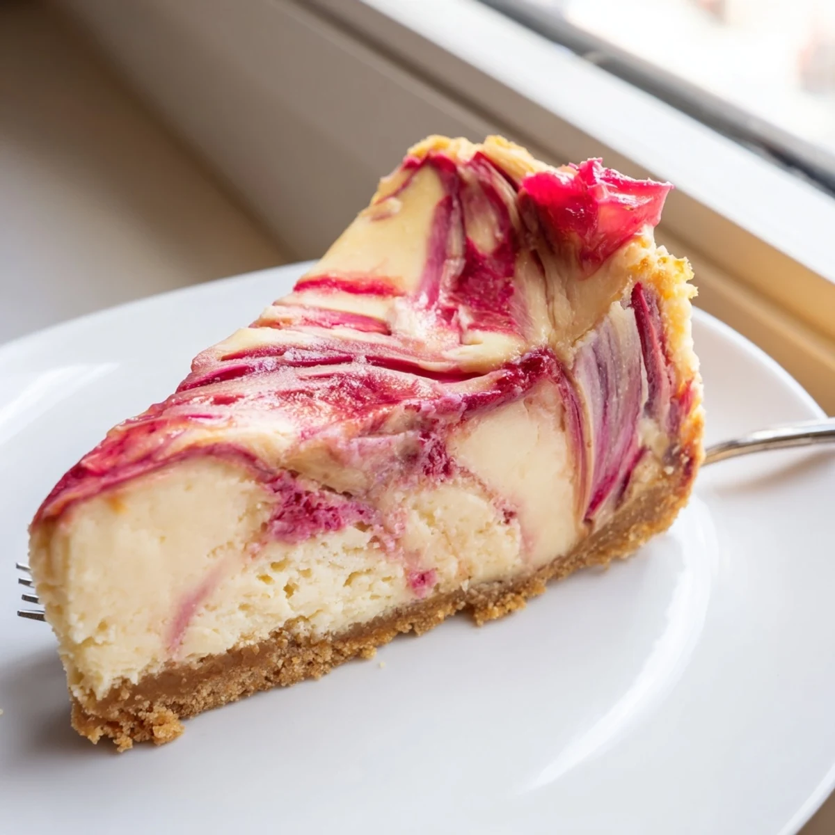 Tangy rhubarb compote rippled through silky low-carb cheesecake topped with fresh berries