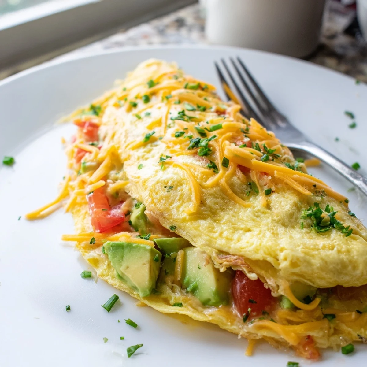 Melted cheddar and ripe avocado fill this creamy cheesy tomato omelette beautifully
