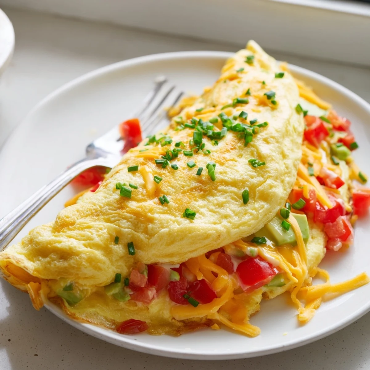 Golden creamy avocado cheesy tomato omelette folded in half on a white plate