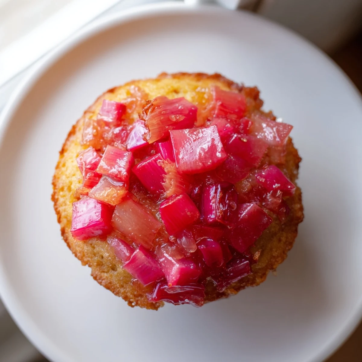 Golden upside down rhubarb muffins with caramelized fruit gleaming on a wire rack