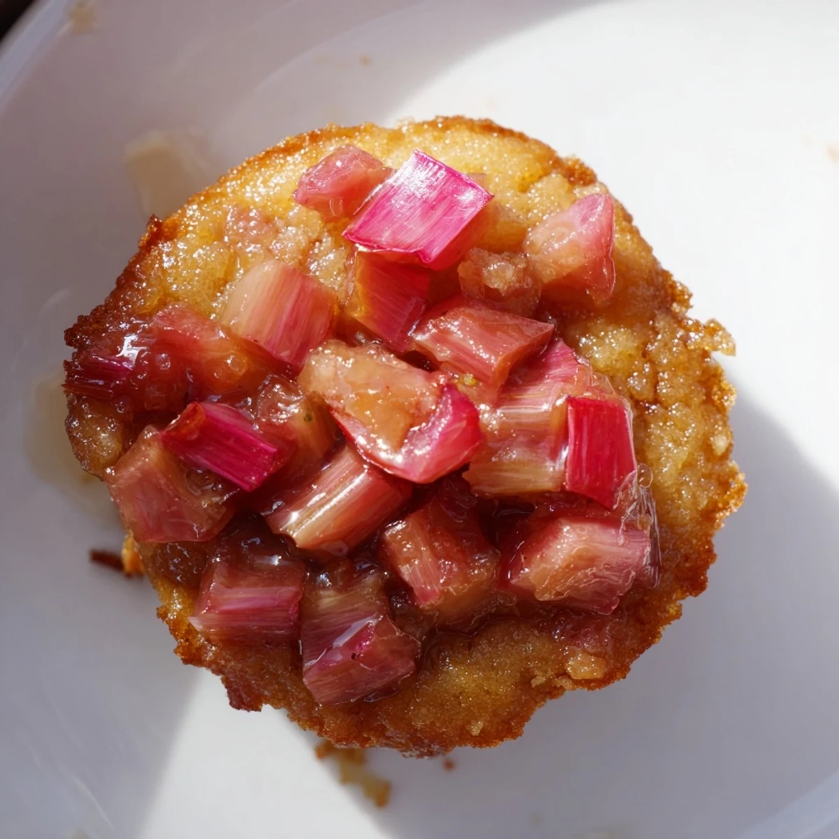 Irresistible upside down rhubarb muffins served warm on a rustic brunch plate
