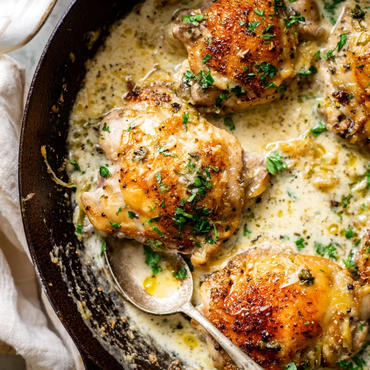 Golden crispy chicken thighs nestled in a creamy garlic parmesan sauce with herbs