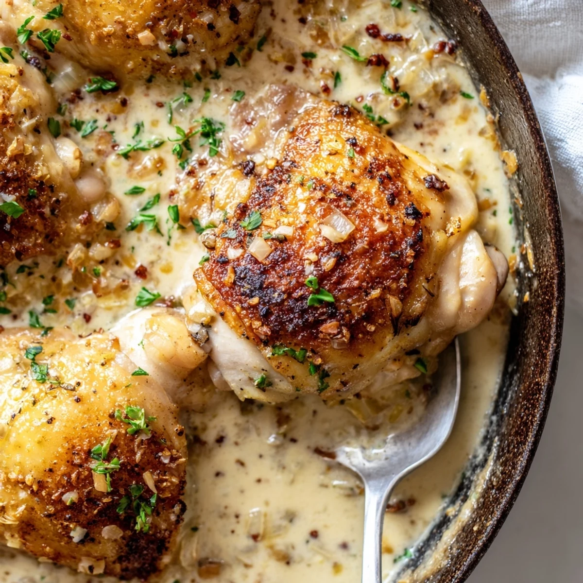 Creamy oven baked chicken thighs with bubbling parmesan sauce and fresh parsley garnish