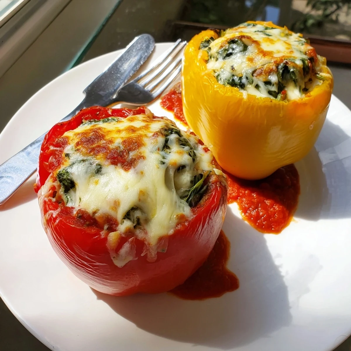 Golden baked ricotta stuffed peppers topped with melted mozzarella and fresh basil