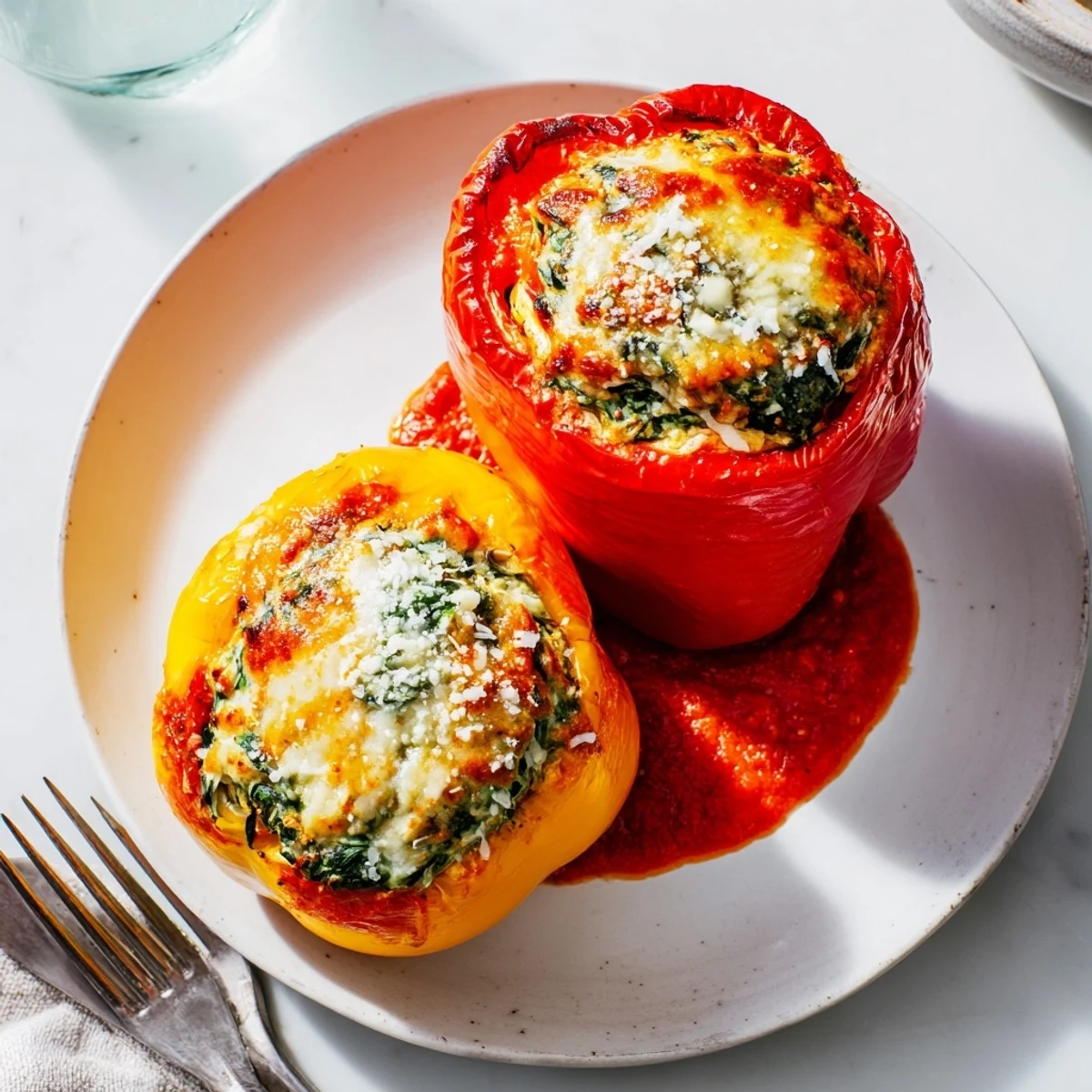 Tender roasted ricotta stuffed peppers served upright on a rustic white plate