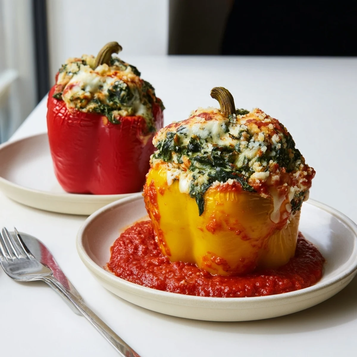 Colorful bell peppers overflowing with creamy ricotta spinach filling in tomato sauce