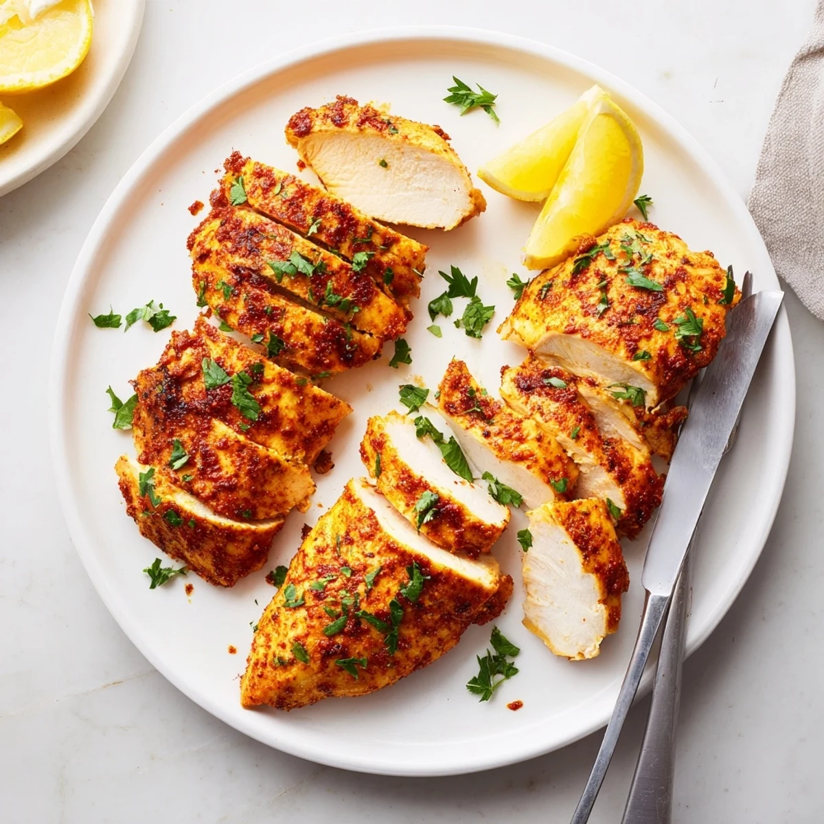 Golden oven baked chicken breasts with herb seasoning on a parchment-lined baking sheet fresh from the oven