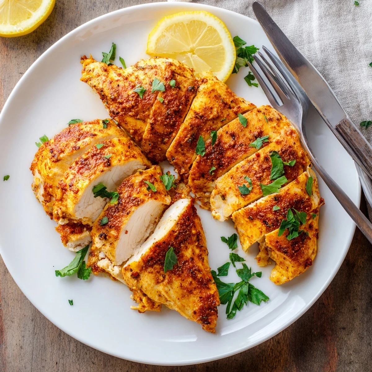 Juicy oven baked chicken breasts sliced open showing tender interior garnished with fresh parsley and lemon wedges