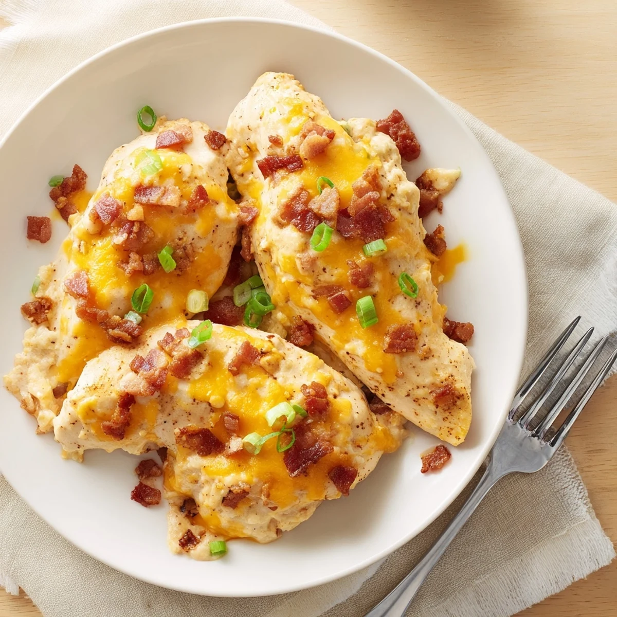 Golden baked crack chicken smothered in rich ranch cheese sauce topped with crumbled bacon