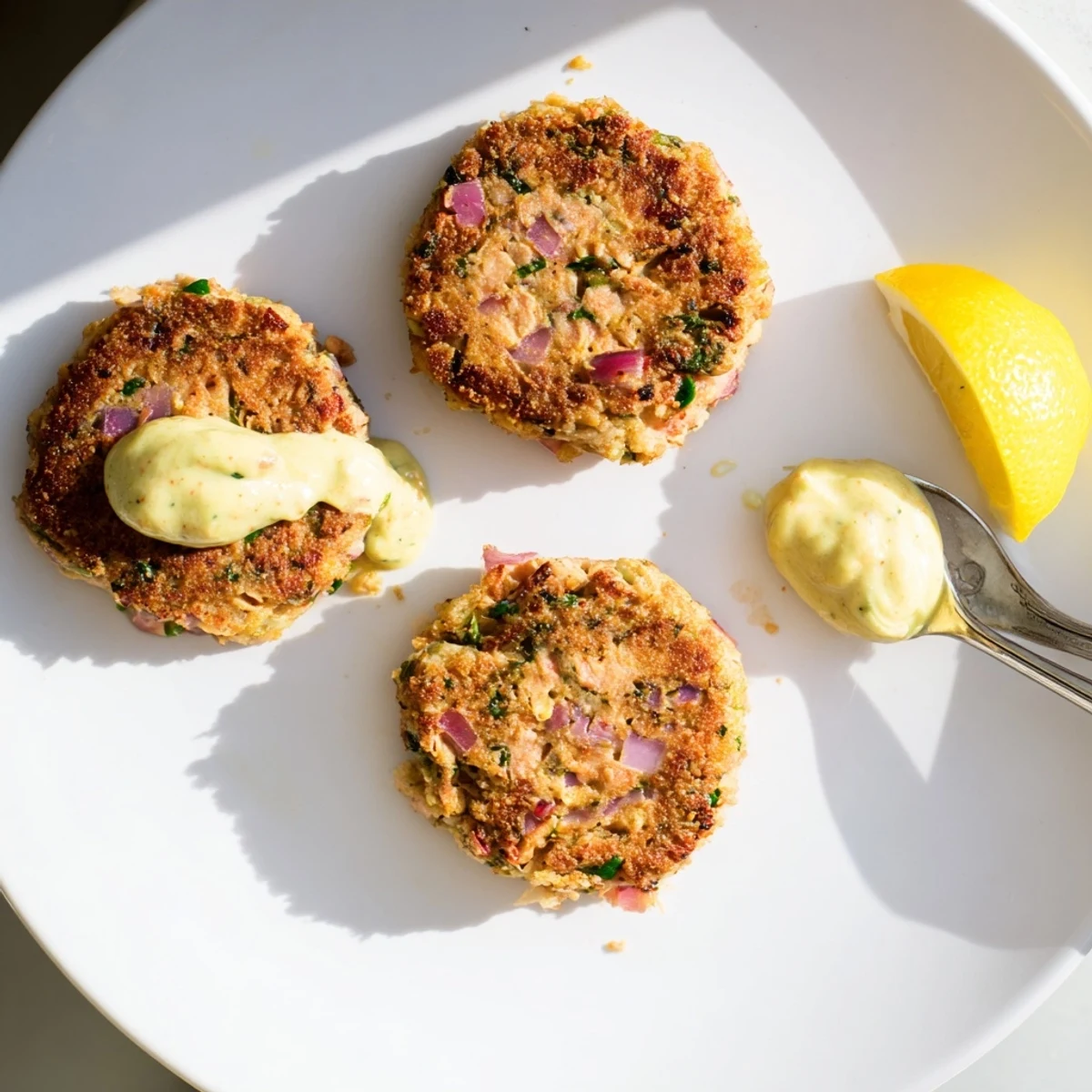 Golden lemon garlic Alaska salmon cakes drizzled with creamy aioli on a rustic plate