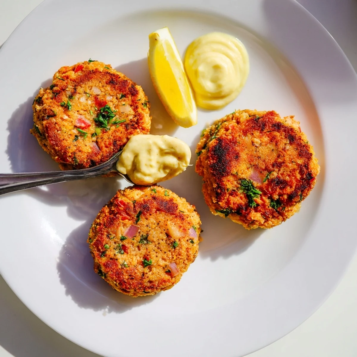 Pan-seared lemon garlic Alaska salmon cakes topped with a smooth garlic herb aioli