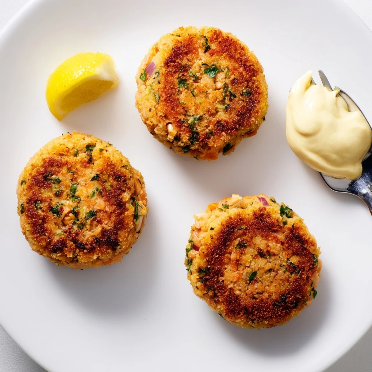 Crispy lemon garlic Alaska salmon cakes served warm with tangy homemade aioli sauce