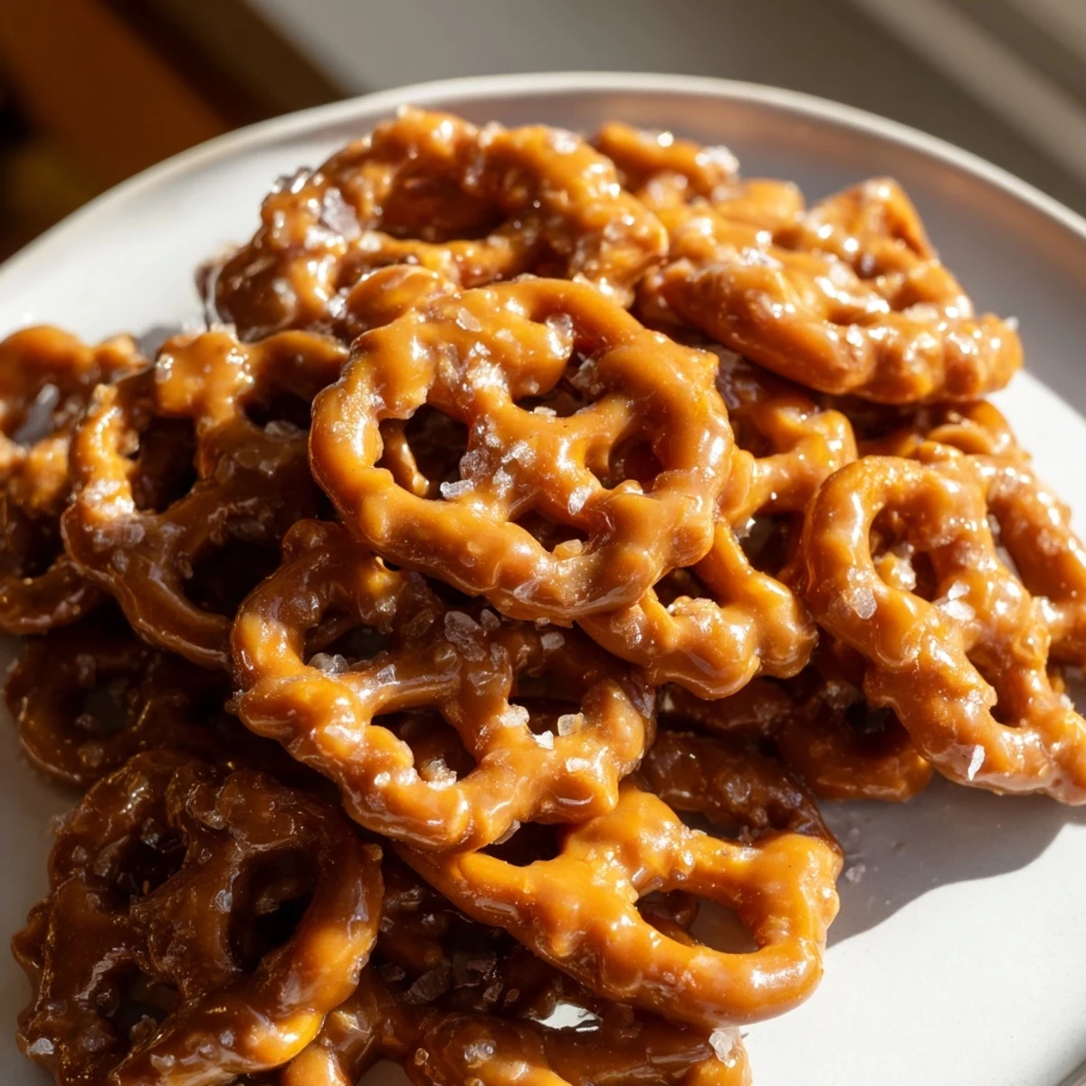 Golden butter toffee pretzels glistening with caramel coating and flaky sea salt