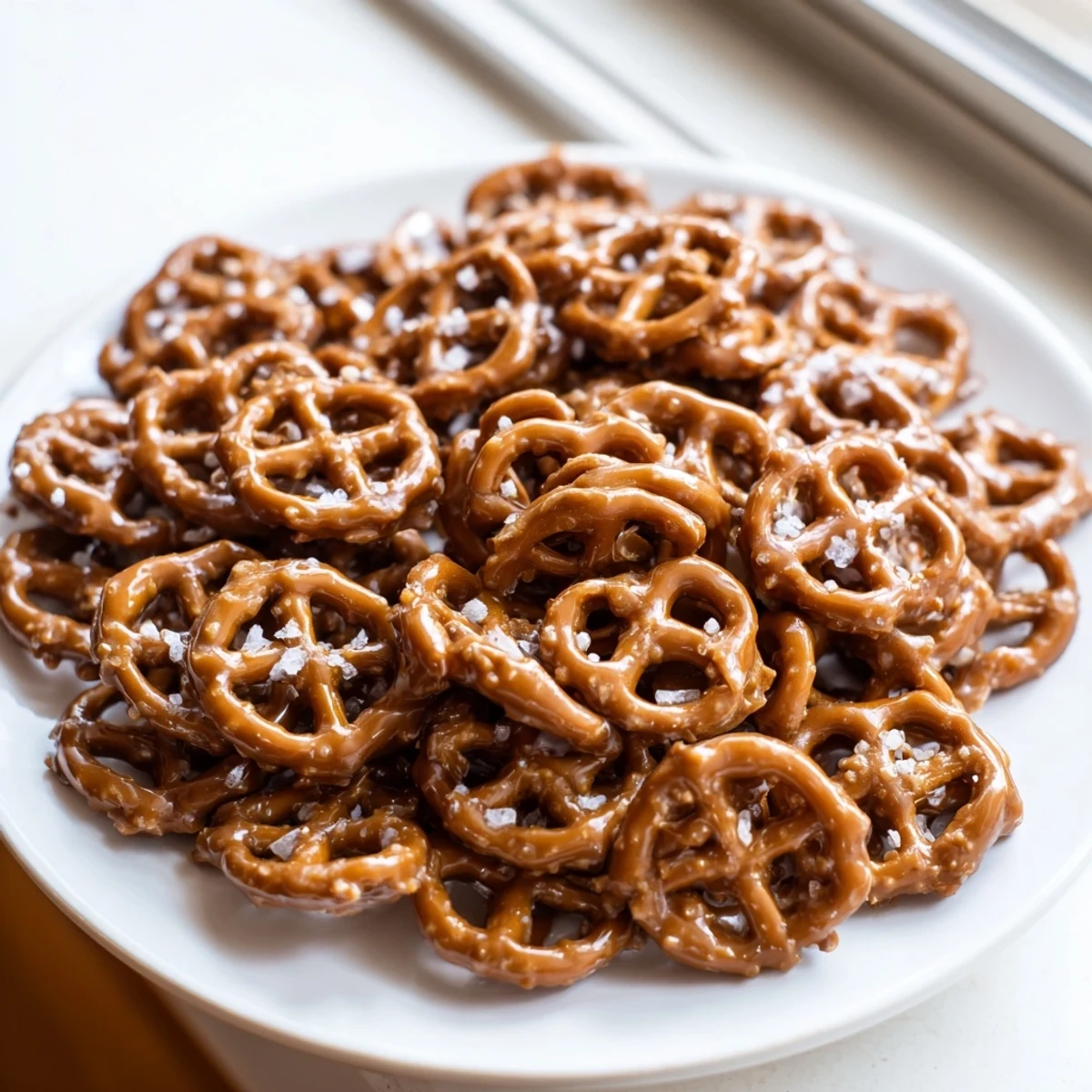 Crunchy butter toffee pretzels spread on a baking sheet fresh from the oven