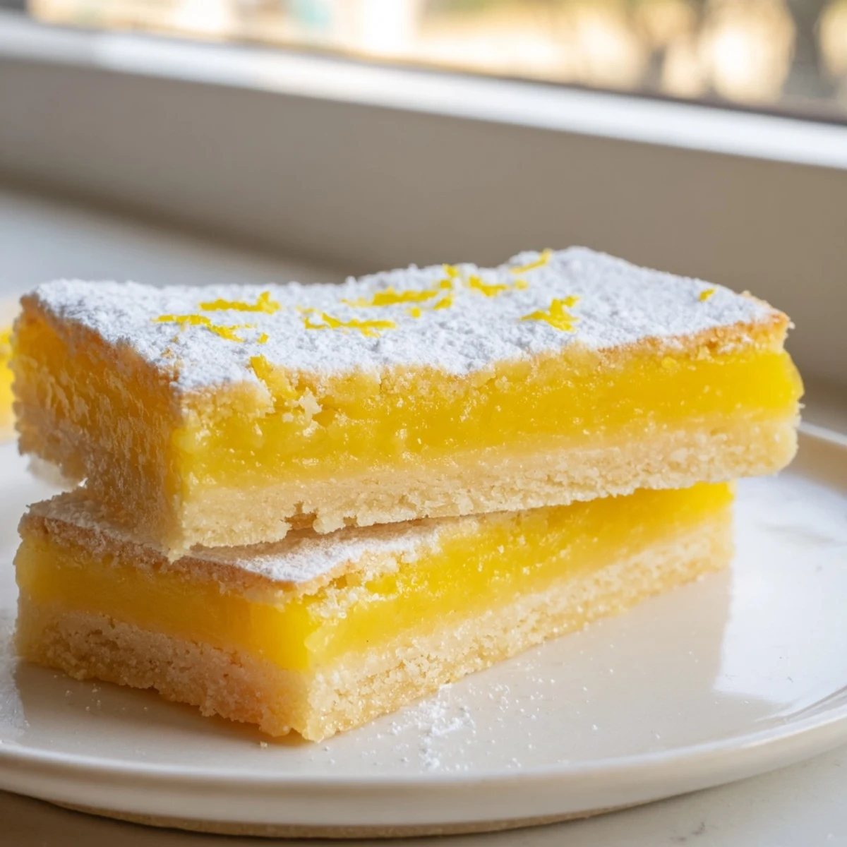 Golden simple lemon bars with powdered sugar on a rustic cutting board