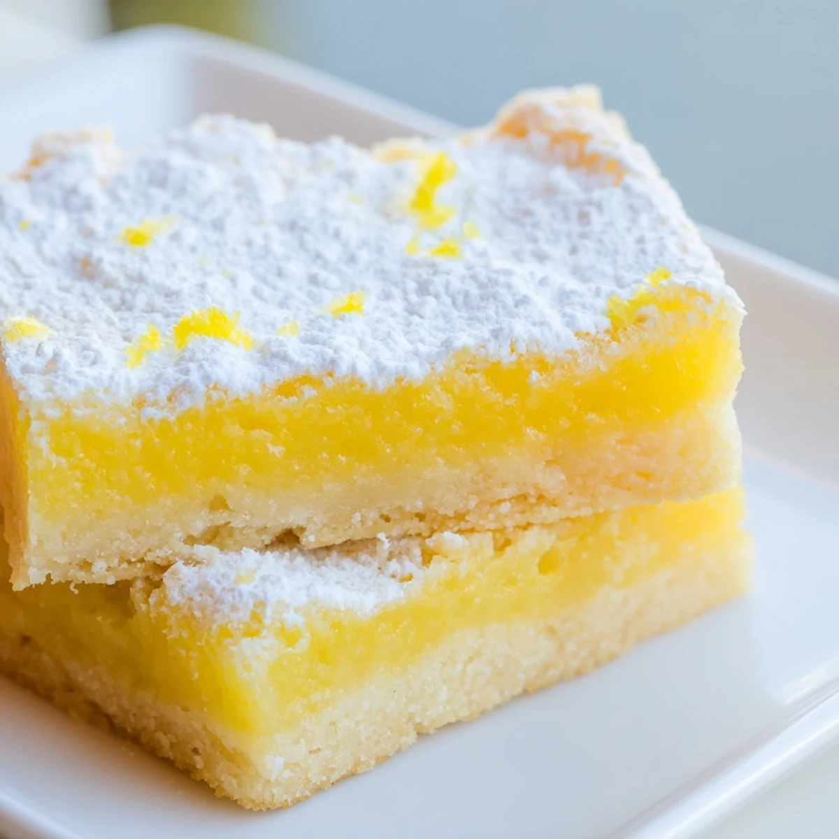 Bright yellow simple lemon bars sliced and dusted with snowy powdered sugar