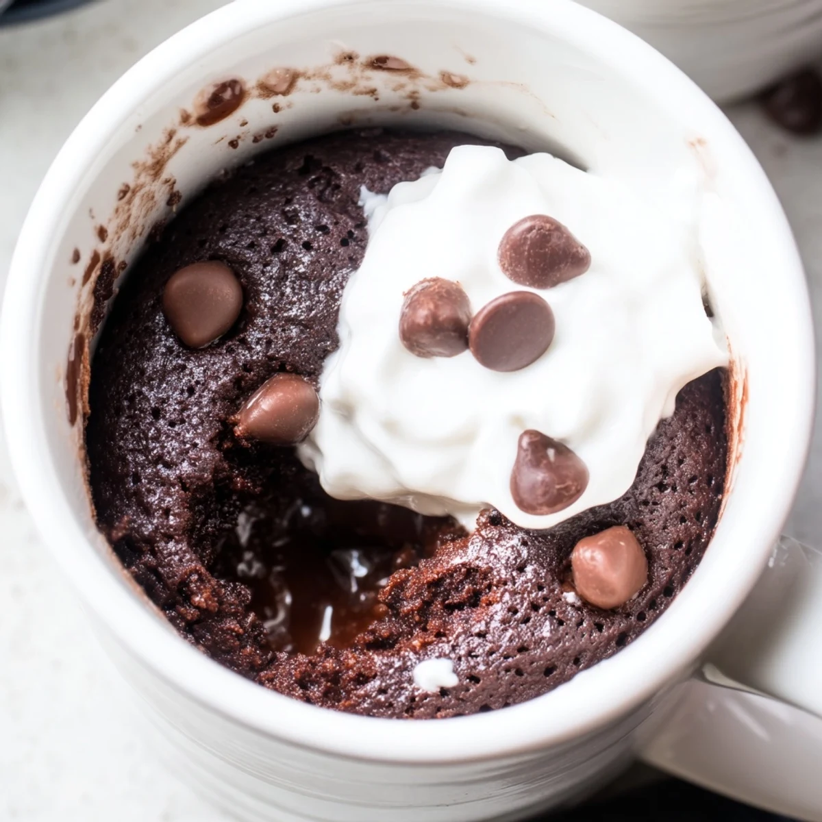 Warm gluten free chocolate mug cake topped with melting ice cream in a ceramic mug