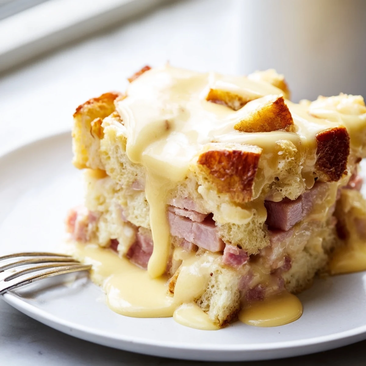 Golden Eggs Benedict Casserole sliced and drizzled with creamy homemade hollandaise sauce