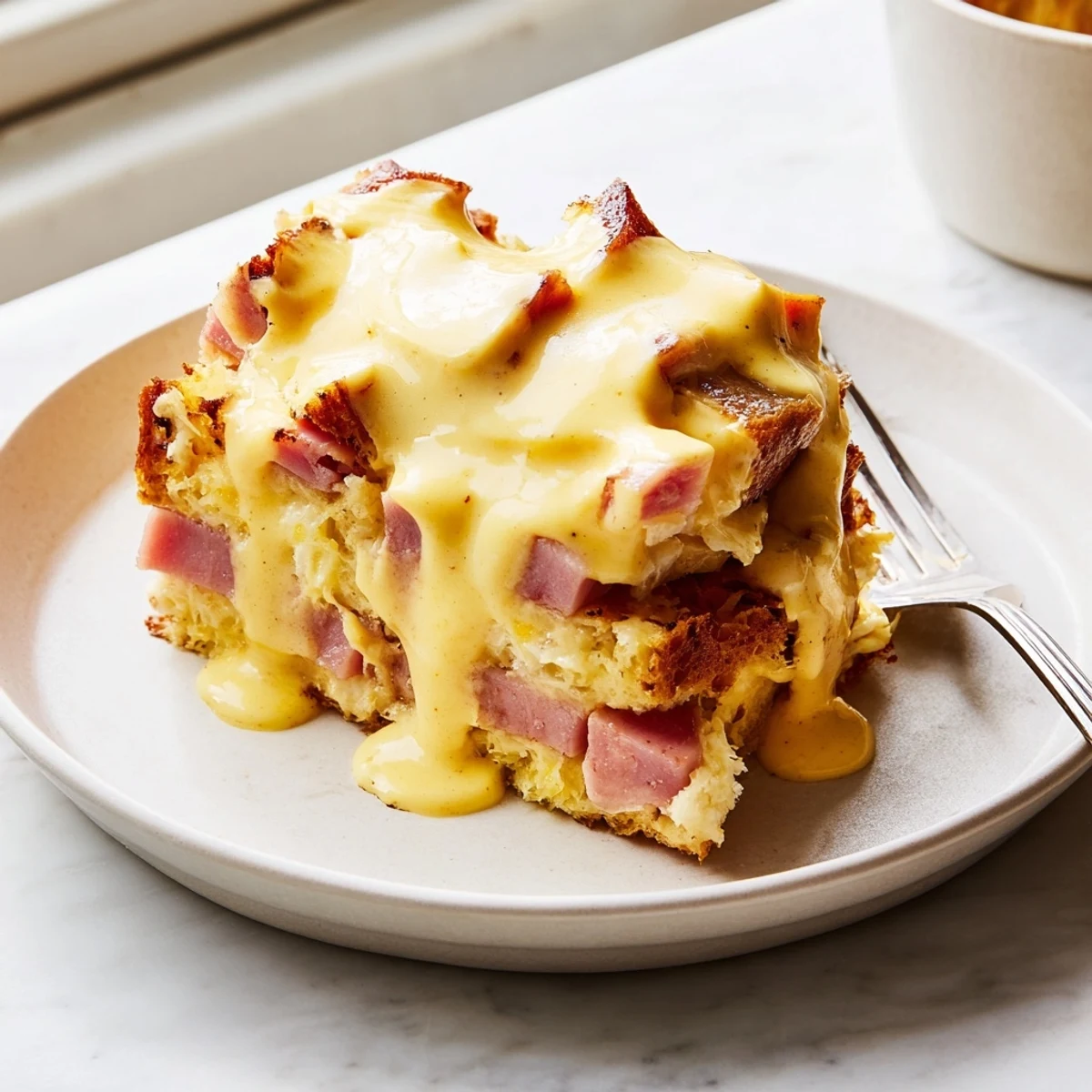 Bubbling Eggs Benedict Casserole fresh from the oven with rich golden hollandaise